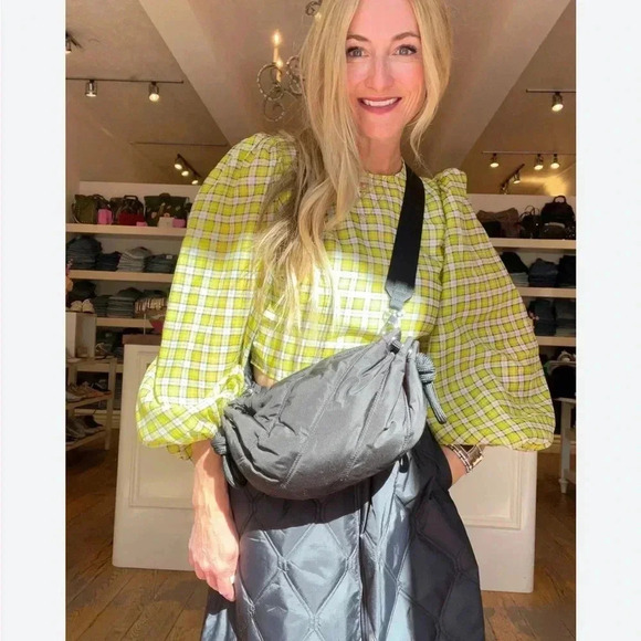 Ganni Womens 8 - 10 Yellow Plaid Organza Puffed Sleeve Cropped Top Blouse - Picture 6 of 15